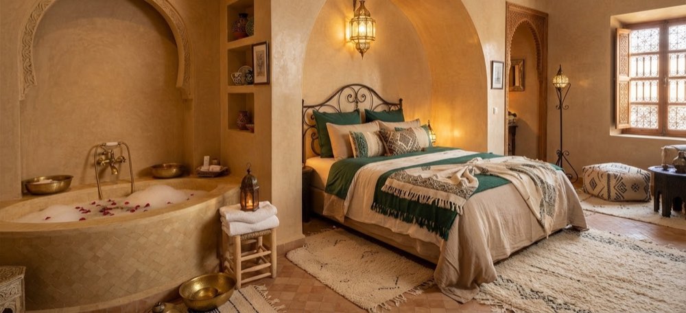 La Chambre Tadelakt Ocre et sa baignoire sculptée