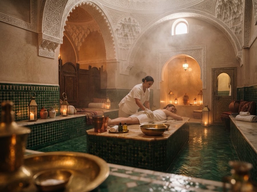 Le hammam du riad, marbre et zelliges verts