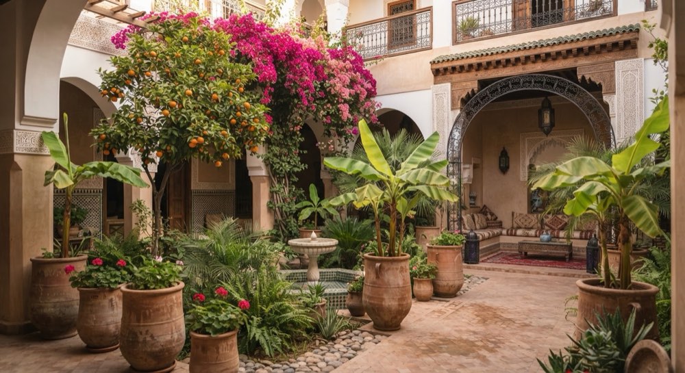 Le jardin du patio, bougainvilliers et orangers