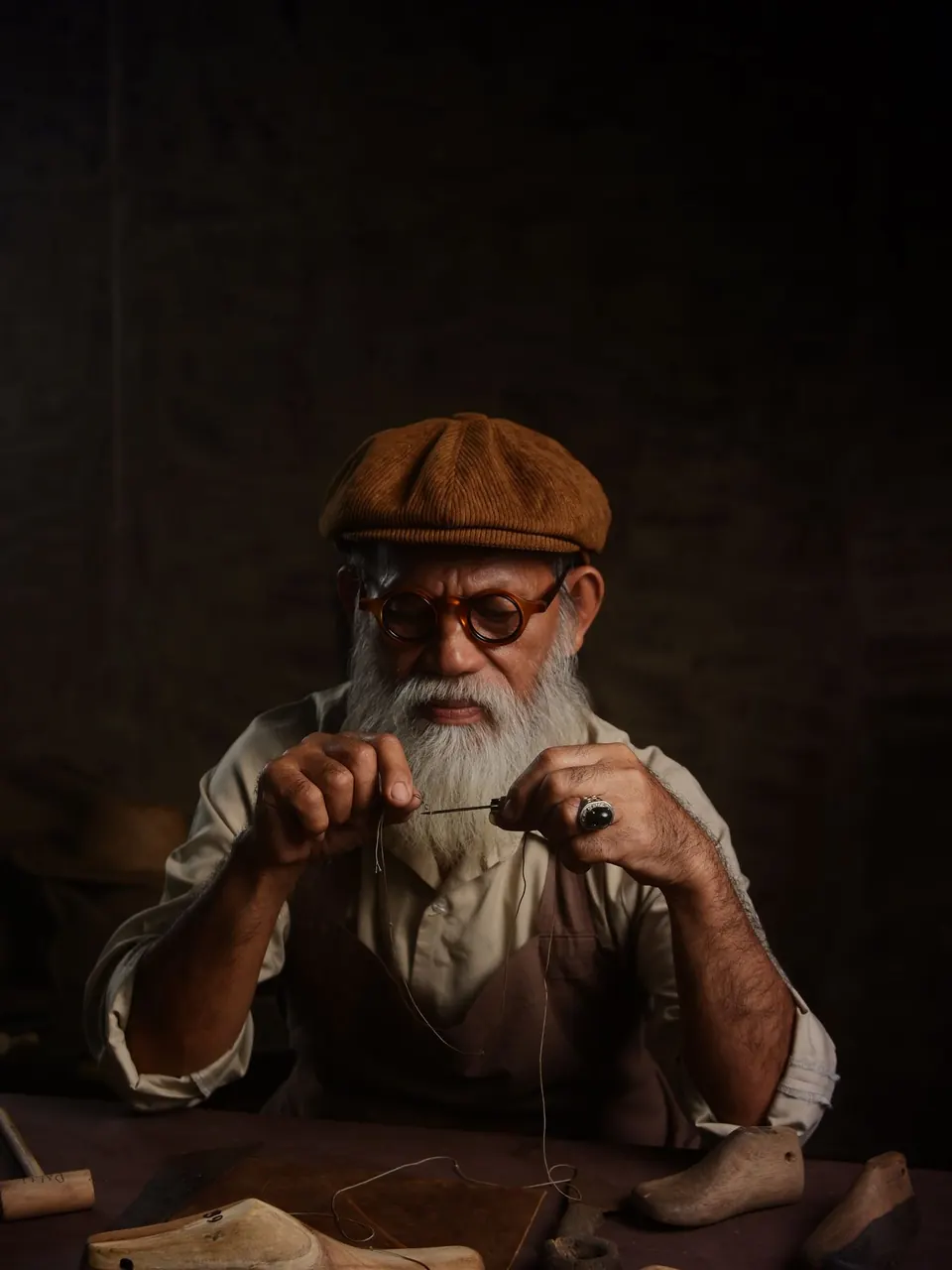 Un maître artisan à barbe blanche travaille à son établi, dans un atelier sombre
