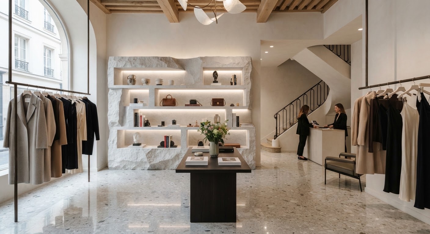 Boutique au sol en terrazzo, étagères taillées dans un bloc de calcaire et escalier en fer forgé