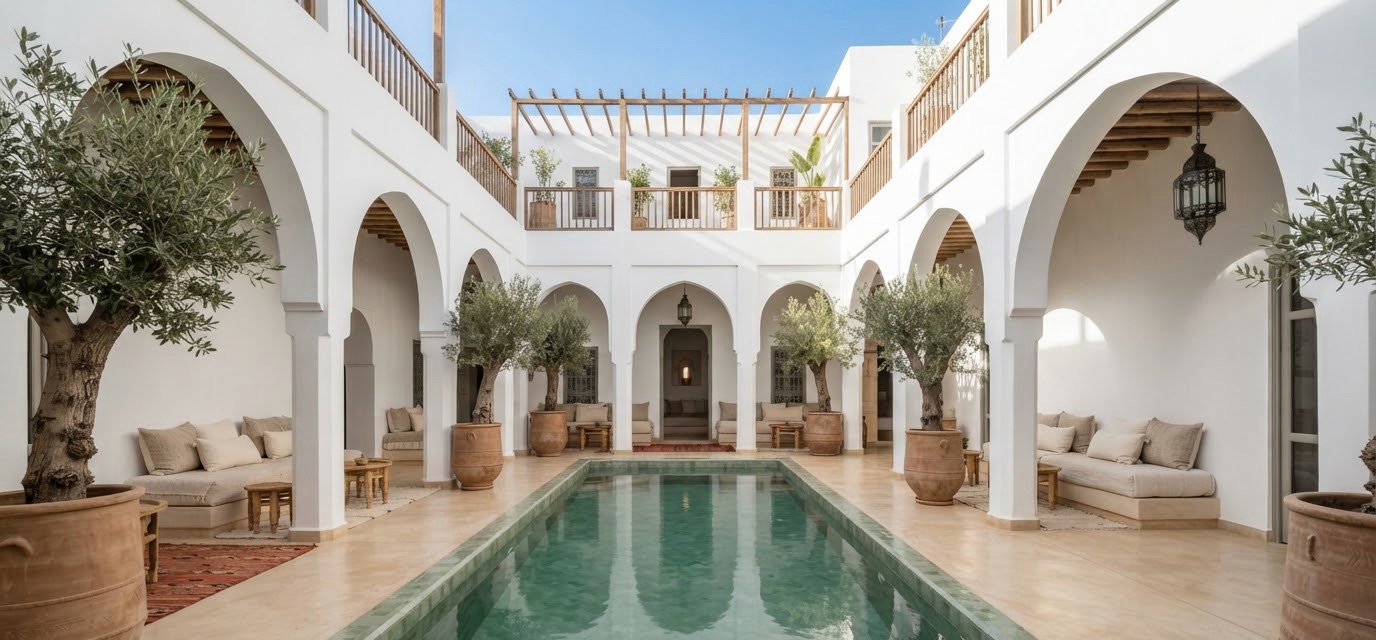 Patio d’un riad blanchi à la chaux, arcades, oliviers en jarre et bassin de zellige vert